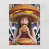 Weiß Surreal Girl mit Cheeseburger Hat Scifi Postkarte (Vorderseite)