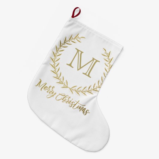 Weiß u. Goldblatt-Monogramm-frohe Weihnachten Großer Weihnachtsstrumpf (Vorderansicht (hängend))
