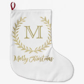 Weiß u. Goldblatt-Monogramm-frohe Weihnachten Großer Weihnachtsstrumpf (Vorderseite)