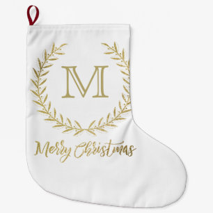 Weiß u. Goldblatt-Monogramm-frohe Weihnachten Großer Weihnachtsstrumpf