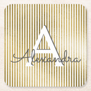 Weiß u. Goldfolien-gestreiftes Monogramm u. Rechteckiger Pappuntersetzer