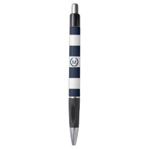 Weiß-u. Marine-Blau-gestreiftes Monogramm Kugelschreiber