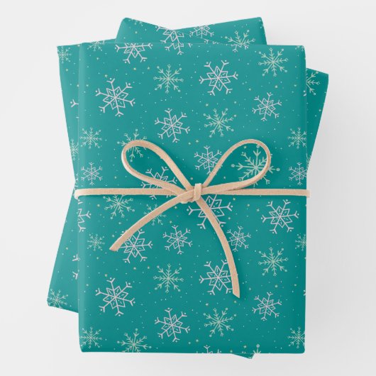Weiß und Aqua Schneeflocken auf Aquamarin türkis Geschenkpapier Set (Beispiel)