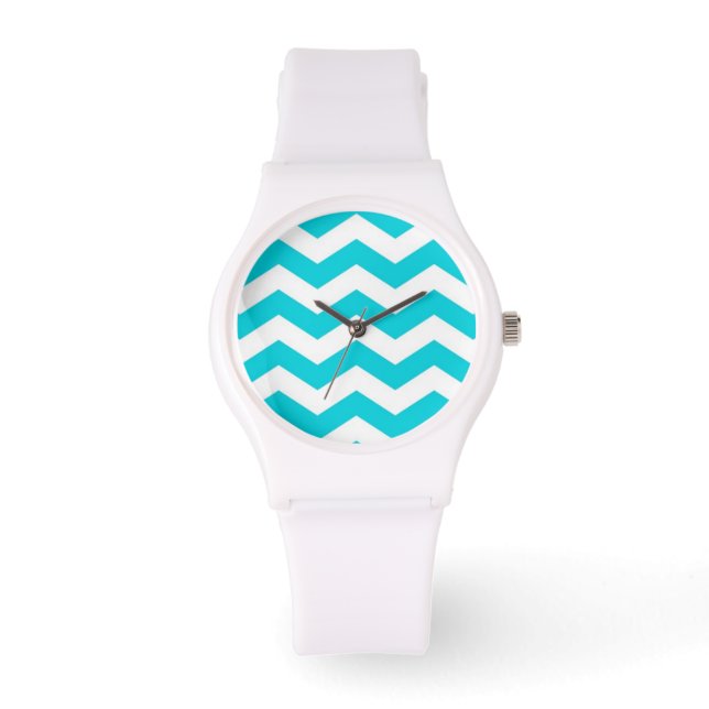 Weiß und Aqua Zig Zag Muster Armbanduhr (Vorderseite)