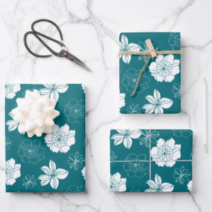 Weiß- und Aquamarines Muster aus grafischem Flor Geschenkpapier Set
