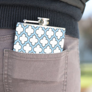 Weiß und Baby Blue Trellis, Gitter, Quatrefolie Flachmann