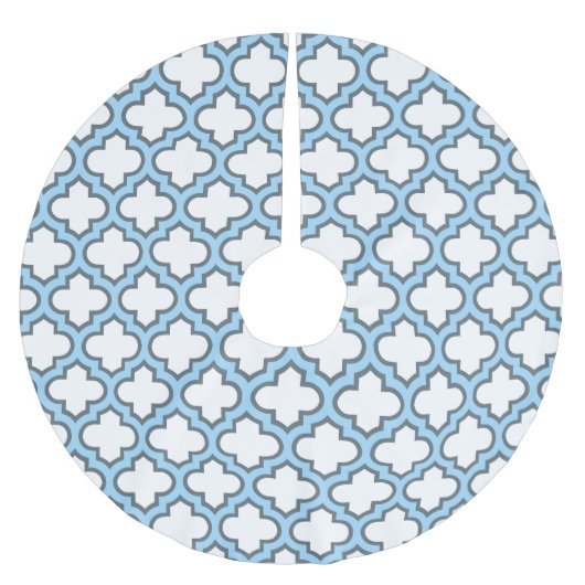 Weiß und Baby Blue Trellis, Gitter, Quatrefolie Polyester Weihnachtsbaumdecke (Vorderseite)