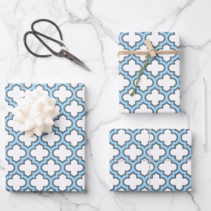Weiss und Babyblau Gitter, Lattice, Vierpass Geschenkpapier Set