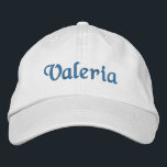 Weiß und Blau Individuelle Name Bestickte Baseballkappe<br><div class="desc">Ihr Name bestickt mit blauen Stilistischen Typografie auf einer vollständig anpassbaren weißen Baseballkappe. Dargestellt ist der bearbeitbare Name,  Valeria. Verwenden Sie das Design-Tool,  um die Textfarbe,  den Stil,  die Größe usw. zu ändern. Andere Hutfarben und -stile sind verfügbar. Designed by 369MyName.</div>