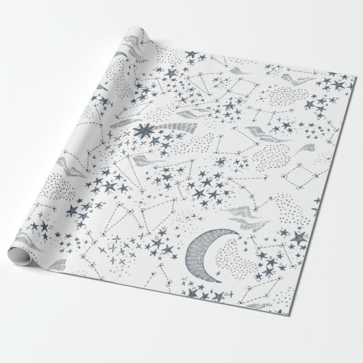 Weiß und Blau-Sternenmoon-Muster Geschenkpapier (Ungerollt)