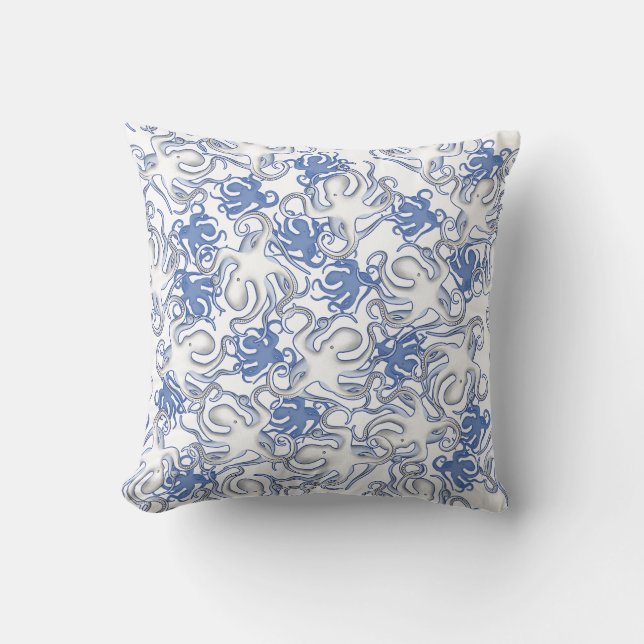 Weiß und blau wiederholendes Motiv | Octopus Patte Kissen (Vorderseite)