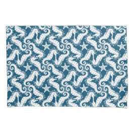 Weiß und blau wiederholendes Motiv | Seepferd Must Kissenbezug