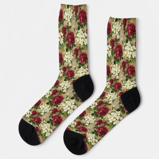 Weiß und bordeauxfarbene Blumenmuster Socken (Linkes Detail)