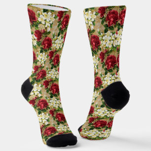 Weiß und bordeauxfarbene Blumenmuster Socken