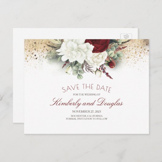 Weiß und Burgund Rot Floral Save the Date Ankündigungspostkarte (Vorne/Hinten)