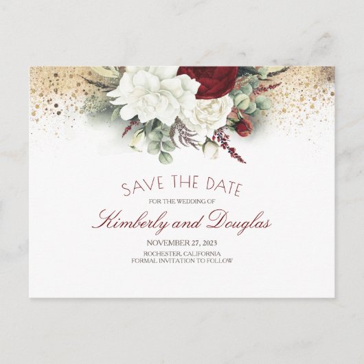 Weiß und Burgund Rot Floral Save the Date Ankündigungspostkarte (Vorderseite)