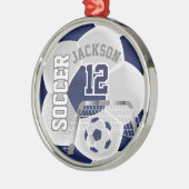 Weiß und Dunkelblau personalisieren Fußball ⚽ Ball Silbernes Ornament (Links)