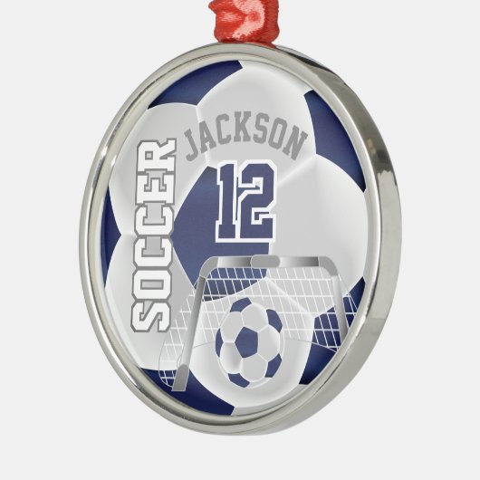 Weiß und Dunkelblau personalisieren Fußball ⚽ Ball Silbernes Ornament (Links)