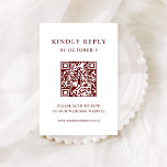 Weiß und dunkelrot | HochzeitQR-Code RSVP Karte<br><div class="desc">Diese minimalistische und elegante QR Code Hochzeitskarte bietet modernen dunkelroten Text auf weißem Hintergrund für ein einfaches und stilvolles Aussehen. Ihre Gäste können den Code einfach scannen,  um Ihre Hochzeitswebsite und uAwg online zu besuchen.</div>