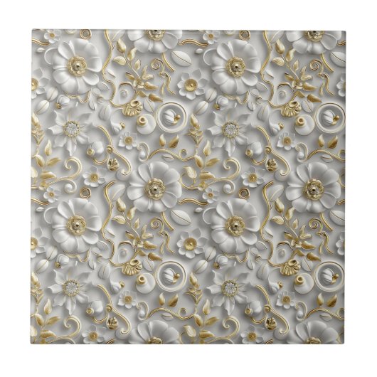 Weiß und Gold 3D Elegante Blumen Fliese (Vorderseite)