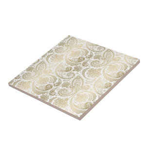 Weiß und Gold Blumen Spitze Paisley 2 Fliese