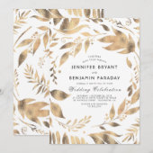 Weiß und Gold Elegante Blätter Laurel Wedding Einladung (Vorne/Hinten)