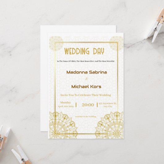 Weiß und Gold Elegante Einladung zur Hochzeit (Vorderseite/Rückseite Beispiel)