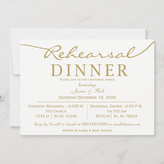 Weiß und Gold Elegantes Script Probe Dinner Einladung (Vorderseite)