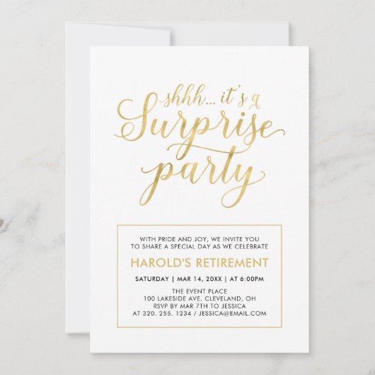 Weiß und Gold | Modern Surprise Retirement Party Einladung (Vorderseite)
