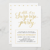 Weiß und Gold | Modern Surprise Retirement Party Einladung (Vorne/Hinten)