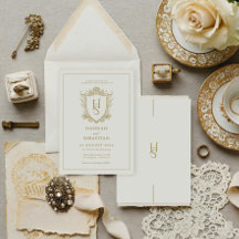 Weiß und Gold Old Money Vintage Wappen Hochzeit