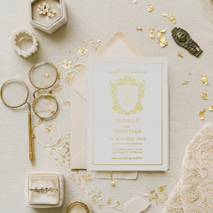 Weiß und Gold Old Money Vintage Wappen Hochzeit Folieneinladung