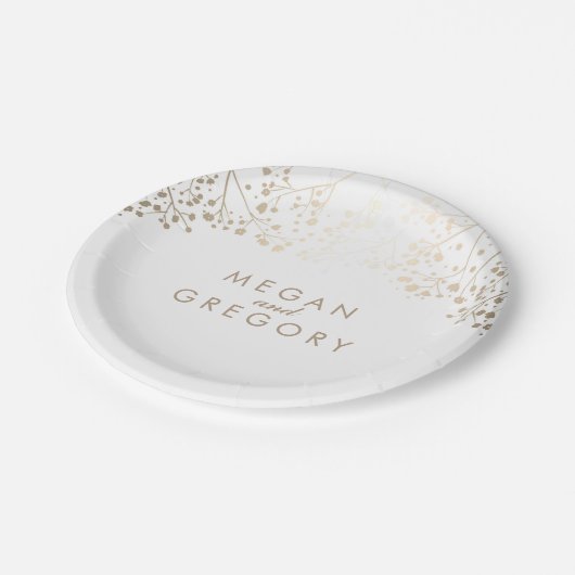 Weiß und GoldGipskraut-Hochzeit Pappteller (Schrägansicht)