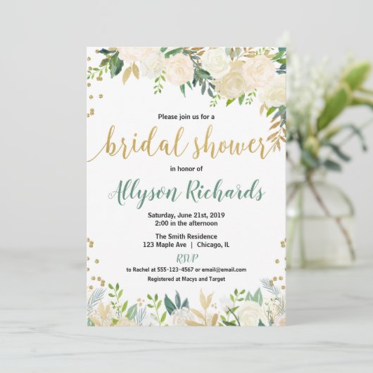 Weiß und GoldRosenblumenbrautPolterabend Einladung (Stehend Vorderseite)