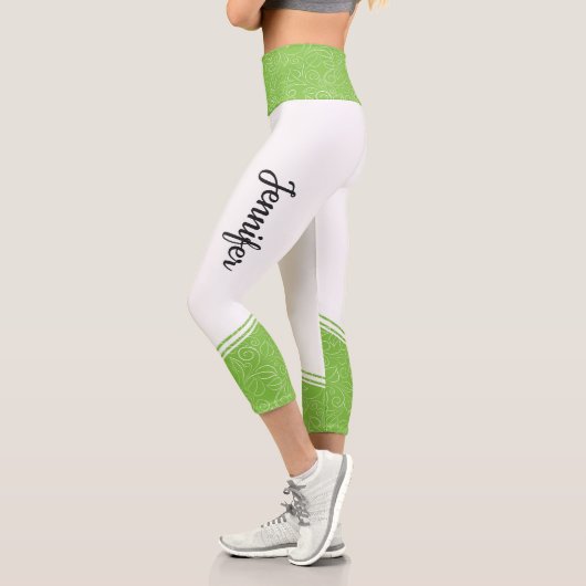 Weiß und grün, blühende weiße Streifen Name modern Capri Leggings (Links)