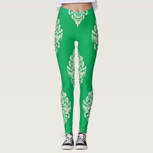 Weiß und grün gestreifte Leggings, weiß und grün Leggings (Vorderseite)