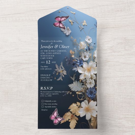 Weiß und hellblau, seide Blume auf dunkelblau All In One Einladung (Innen Boden)