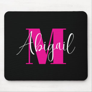 Weiß und Hot Pink Moderne Monogramm Schwarz Mousepad