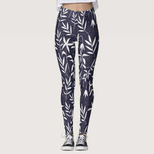 Weiß und marineblau Blätter nach japanischem Muste Leggings