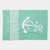 weiß und minze Streifen und Anker für Wasserfahrze Küchentuch (Horizontal)
