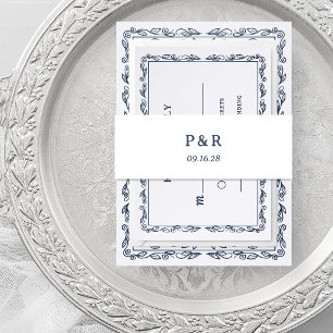 Weiß und Mitternachtsblau   Einfaches Monogramm Einladungsbanderole