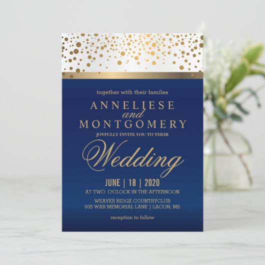 Weiß und Navy Blau mit Goldpunkten - Einladung (Stehend Vorderseite)