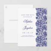Weiß und Navy | Elegante Spitze Save the Date Ankündigungspostkarte (Vorne/Hinten)