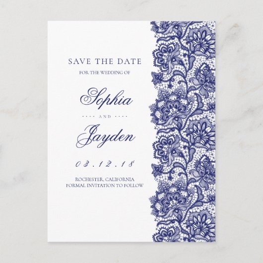 Weiß und Navy | Elegante Spitze Save the Date Ankündigungspostkarte (Vorderseite)