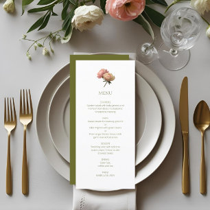 Weiß und Olive Chic Floral Rose Wedding Menükarte