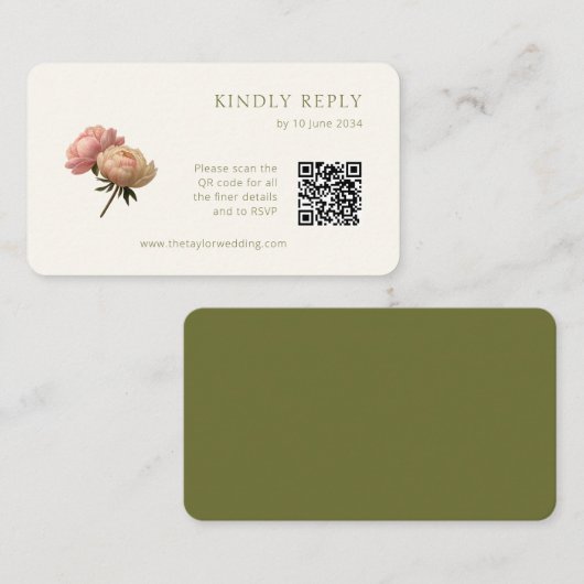Weiß und Olive | Chic Rose Wedding RSVP QR Code Begleitkarte (Vorne/Hinten)