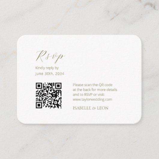 Weiß und Olive | Chic Simple Scrpt QR Code Wedding Begleitkarte (Vorderseite)