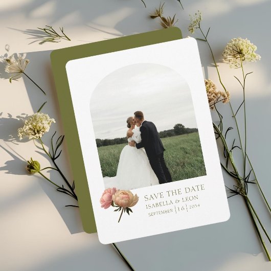 Weiß und Olive | Moderne Rose Save the Date Einladung