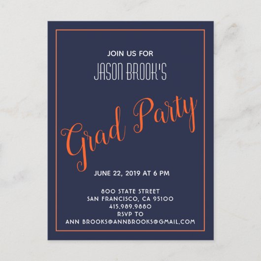 Weiß und Orange auf der Black Graduation Party Ankündigungspostkarte (Vorderseite)