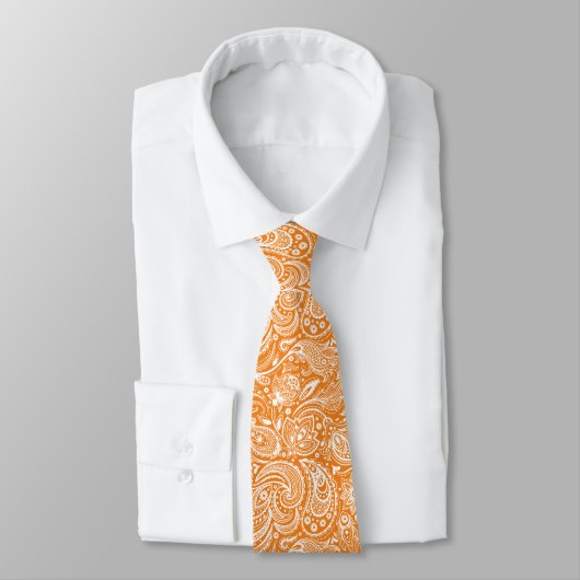 Weiß und Orange Floral Paisley Damaskus Muster Krawatte (Gebunden)